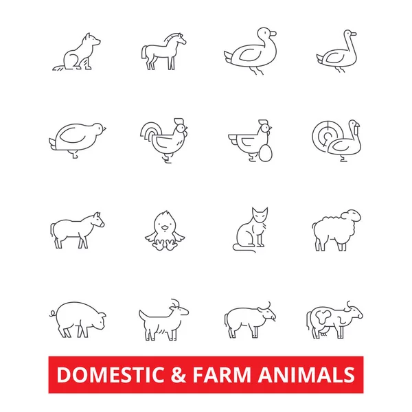 Peternakan domestik hewan garis ikon. Sapi, anjing, kucing, keledai, ayam, bebek, angsa, babi, domba. Stroke diedit. Vektor desain datar konsep simbol ilustrasi. Tanda linier terisolasi pada latar belakang putih - Stok Vektor