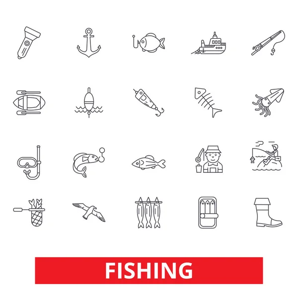 Horgászcsónak, rúd, vitorlázás, horog, hal, halász, tengeri élelmiszer-vonal ikonok. Szerkeszthető stroke. Lapos kivitel vektoros illusztráció szimbólum fogalom. Lineáris jelek elszigetelt fehér background — Stock Vector