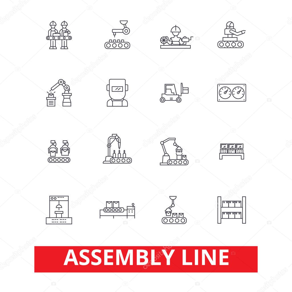 Assembly line, factory, industry, manufacturing plant, workers, conveyor line icons. Editable strokes. Flat design vector illustration symbol concept. Linear signs isolated on white background