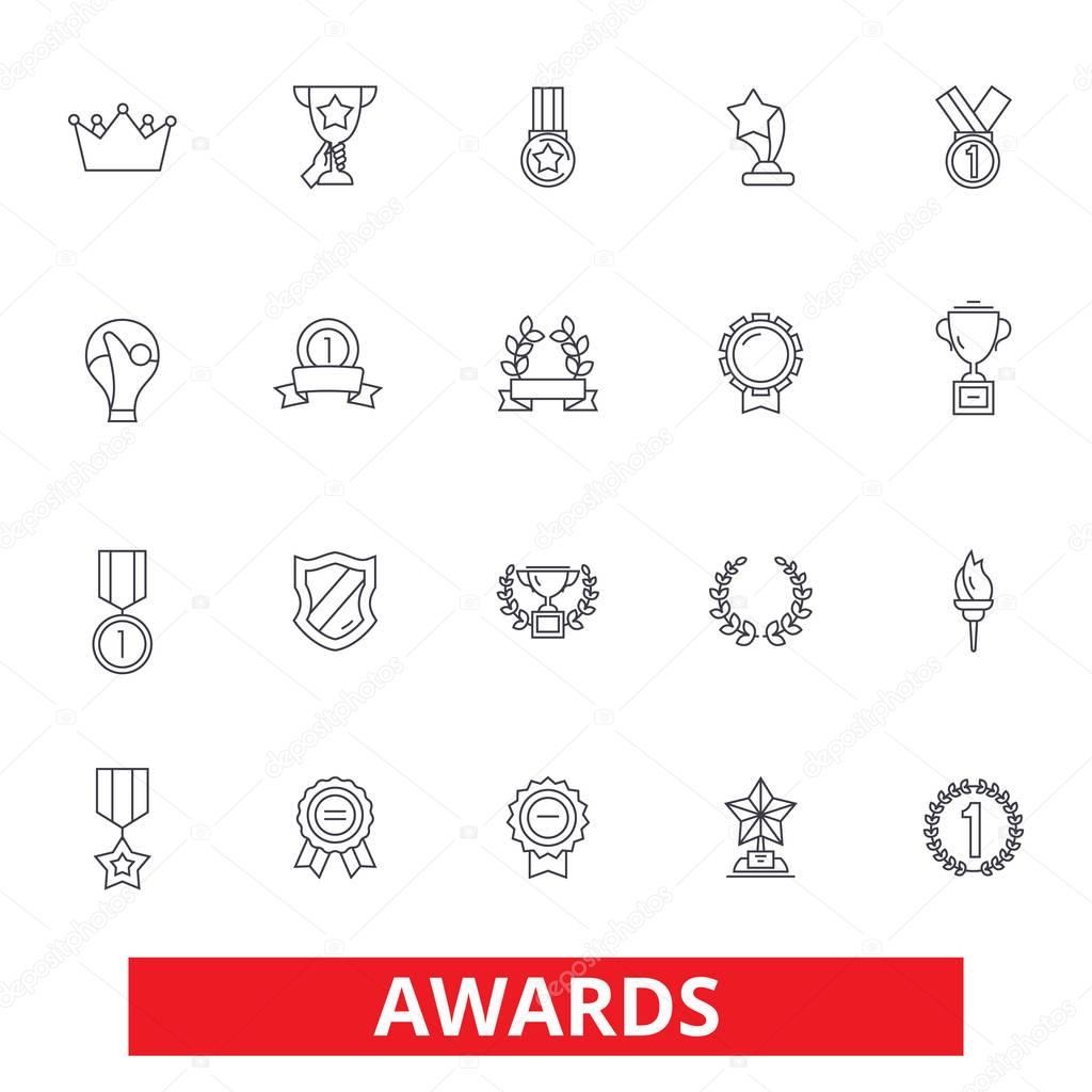 Awards, trophy, certificate, winner, ceremony, ribbon, medal, champion, prize line icons. Editable strokes. Flat design vector illustration symbol concept. Linear signs isolated on white background