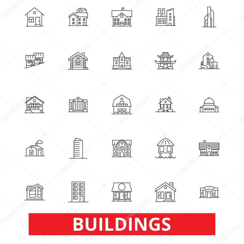 Buildings, houses, city, architecture, construction, office, real estate, home line icons. Editable strokes. Flat design vector illustration symbol concept. Linear signs isolated on white background