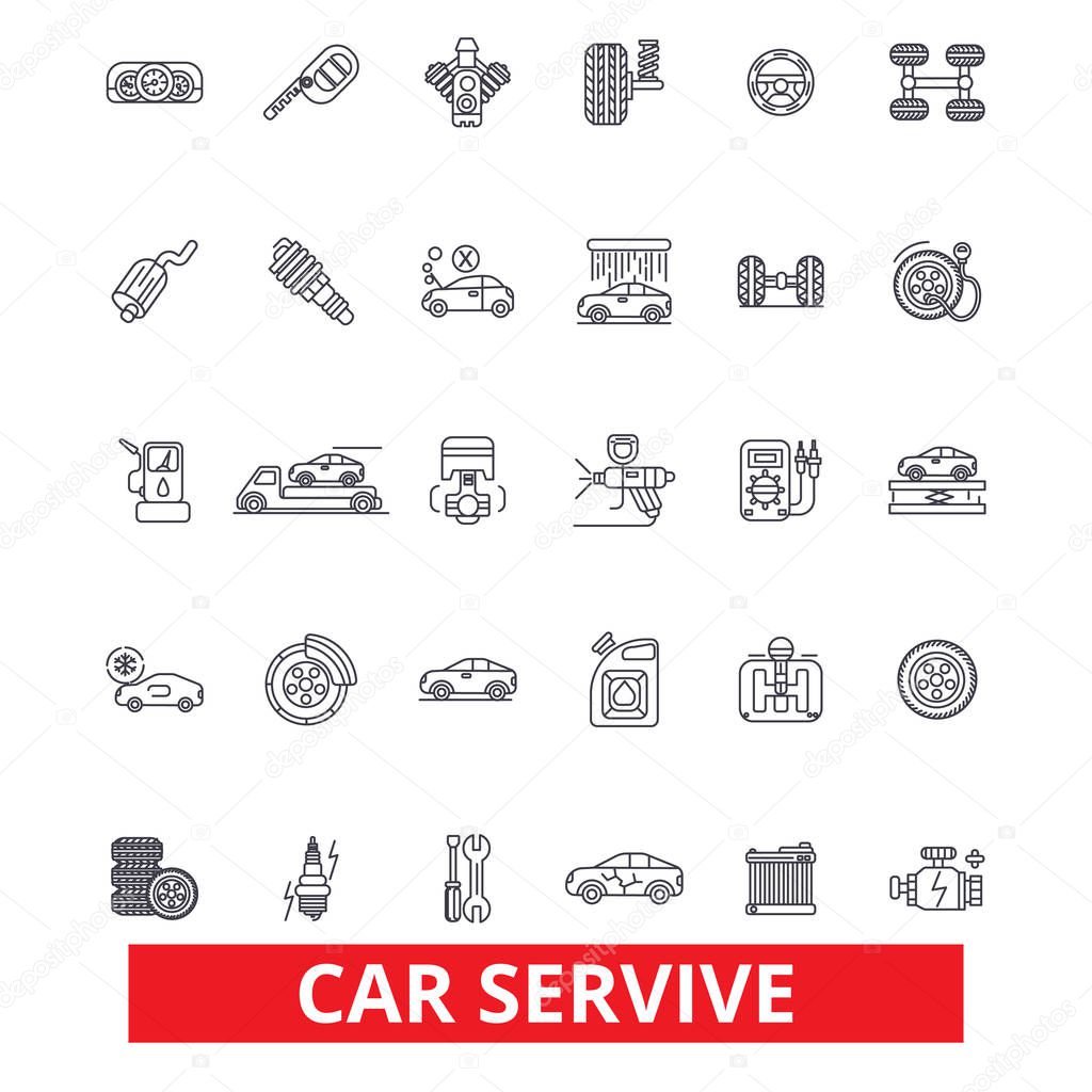 Car service, mechanic, engine, parts, wash, tires shop, engineer, auto center line icons. Editable strokes. Flat design vector illustration symbol concept. Linear signs isolated on white background