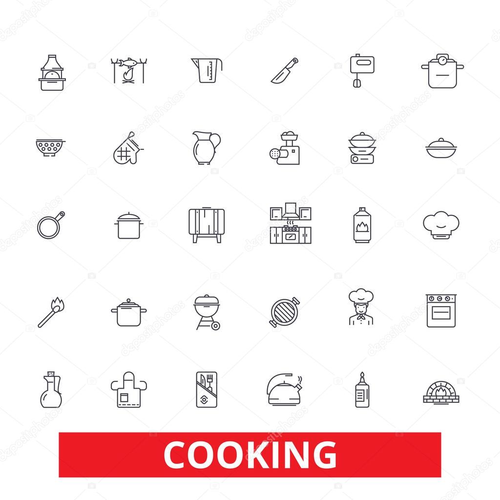 Cooking utensils, kitchen, restaurant, recipe, buffet, baking, catering, chef line icons. Editable strokes. Flat design vector illustration symbol concept. Linear signs isolated on white background