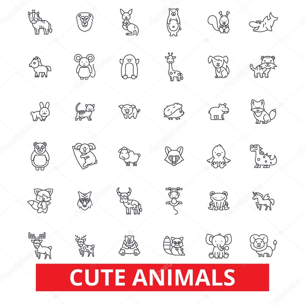 Cute funny puppy baby animals, cat, dog, owl, monkey, rabbit, fish, teddy bear line icons. Editable strokes. Flat design vector illustration symbol concept. Linear signs isolated on white background