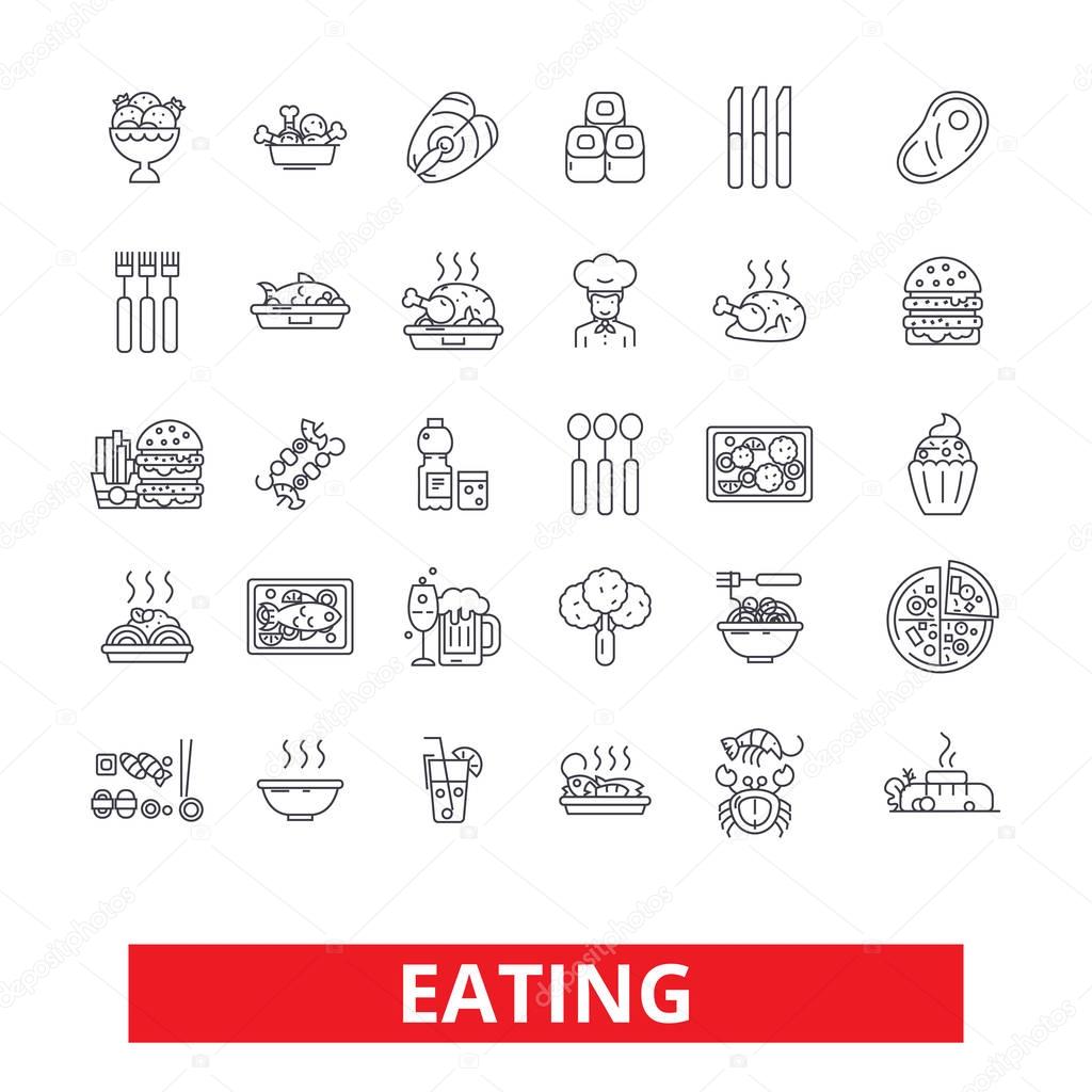 Eating food, restaurant menu, family cafe, tasting dinner, healthy dining, drink line icons. Editable strokes. Flat design vector illustration symbol concept. Linear signs isolated on white background