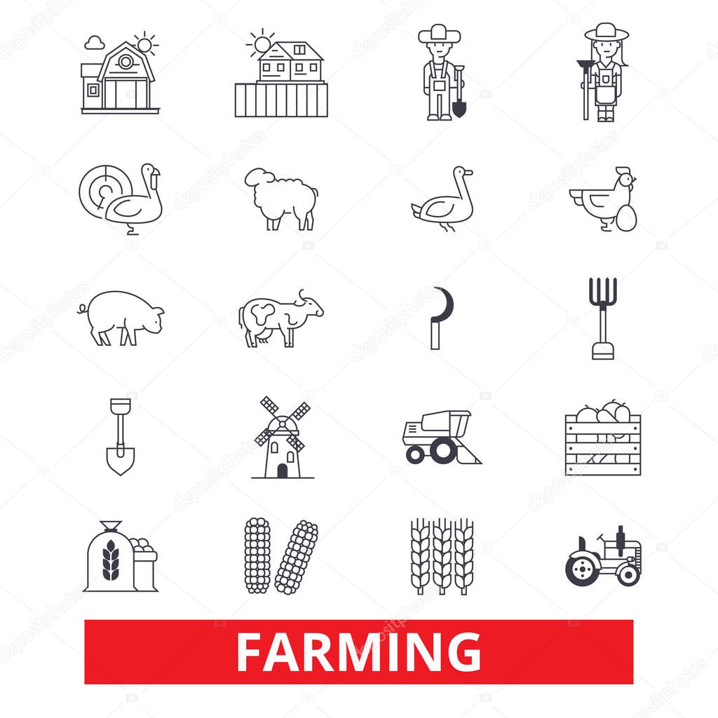 Farming, garden, plant, tractor, harvest, village farm, farmers, agriculture line icons. Editable strokes. Flat design vector illustration symbol concept. Linear signs isolated on white background