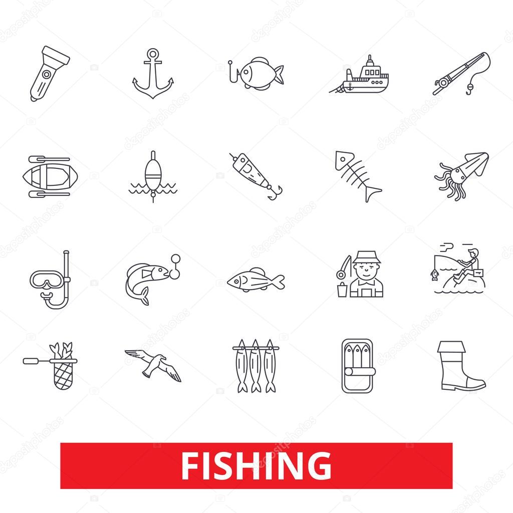 Fishing boat, rod, yachting, hook, fish, fisherman, sea food line icons. Editable strokes. Flat design vector illustration symbol concept. Linear signs isolated on white background