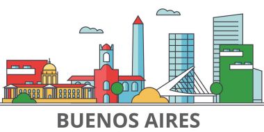 Buenos Aeros şehir manzarası: binalar, sokaklar, siluet, Mimarlık, peyzaj, panorama, yerler. Düzenlenebilir vuruş. Düz çizgi vektör çizim tasarım. Arka plan üzerinde izole simgeler