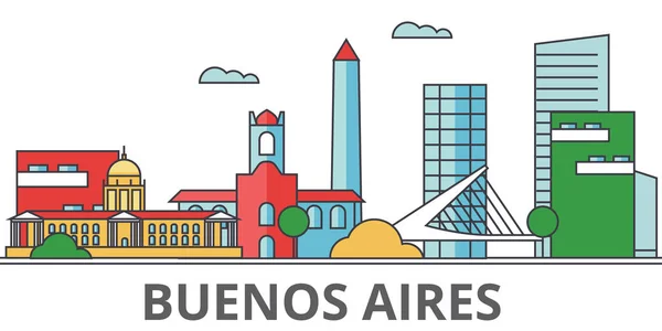 布宜诺斯艾利斯 Aeros 城市天际线︰ 建筑物、 街道、 轮廓、 建筑、 景观、 全景、 地标。可编辑的笔画。平面设计线矢量图的概念。在背景上的孤立的图标 — 图库矢量图片