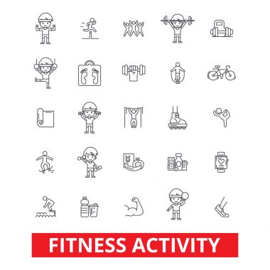 Fitness, egzersiz spor salonu, uyum, yoga, vücut yaşam tarzı, aktif spor, çizgi simgeler devam et. Düzenlenebilir vuruş. Düz tasarım vektör çizim sembolü konsepti. Beyaz arka plan üzerinde izole lineer işaretler