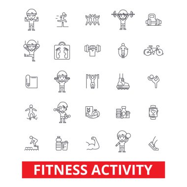 Fitness, exercise gym, keep fit, yoga, bodybuilding lifestyle, active sports, line icons. Editable strokes. Flat design vector illustration symbol concept. Linear signs isolated on white background clipart