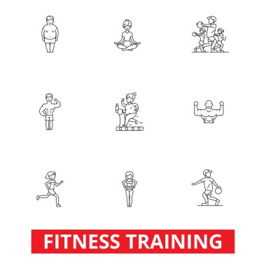 Fitness sınıf spor, egzersiz, çalıştıran, crossfit, spor, kişisel eğitici çizgi simgeler. Düzenlenebilir vuruş. Düz tasarım vektör çizim sembolü konsepti. Beyaz arka plan üzerinde izole lineer işaretler