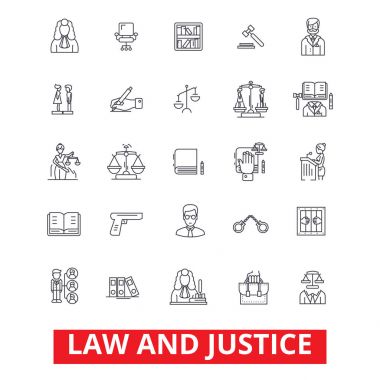 Hukuk Bürosu, avukat, iş avukat, ölçekler adalet, hukuk Mahkemesi, tokmak yargıç hattı simgeler. Düzenlenebilir vuruş. Düz tasarım vektör çizim sembolü konsepti. Beyaz arka plan üzerinde izole lineer işaretler