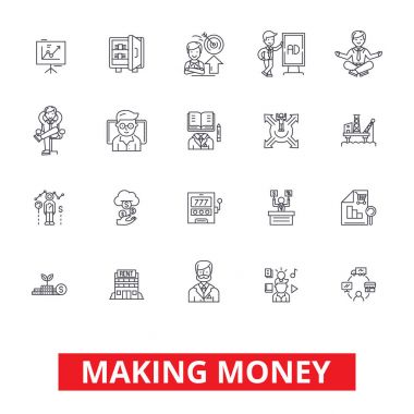 Yapma para, mali tasarruf, iş başarısı, yatırım, finans gelir satır simgeler. Düzenlenebilir vuruş. Düz tasarım vektör çizim sembolü konsepti. Beyaz arka plan üzerinde izole lineer işaretler