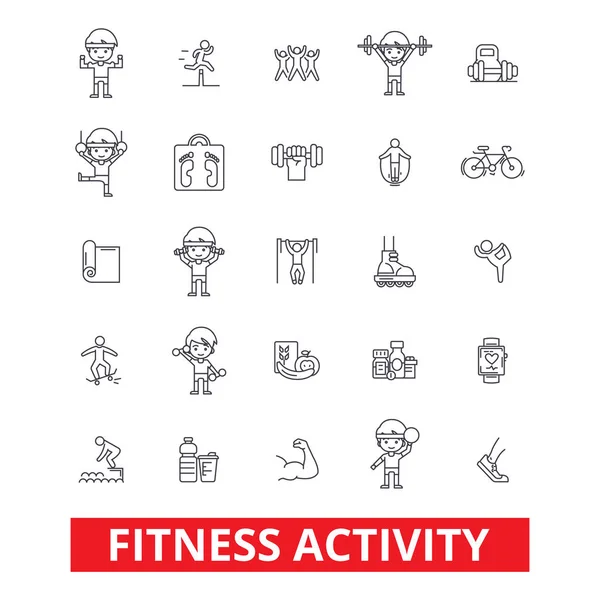 Fitness, exercise gym, keep fit, yoga, bodybuilding lifestyle, active sports, line icons. Editable strokes. Flat design vector illustration symbol concept. Linear signs isolated on white background — Stock Vector