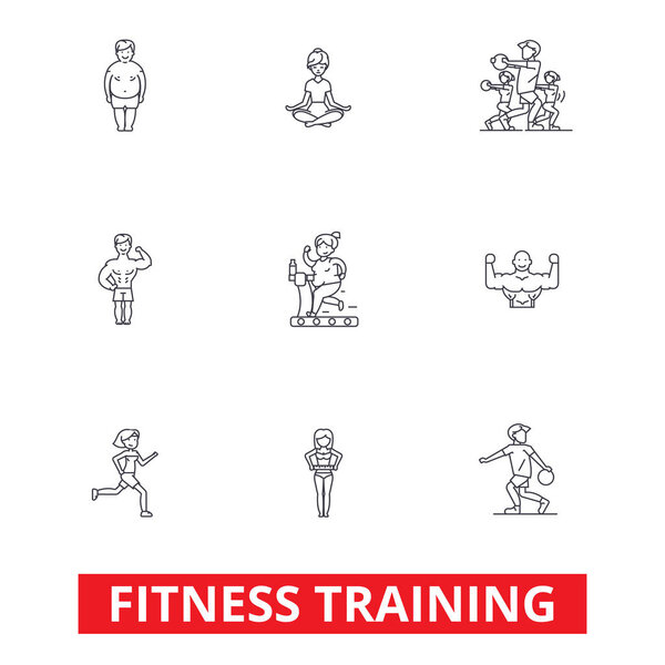 Fitness class gym, workout, running, crossfit, sports, personal trainer,training line icons. Editable strokes. Flat design vector illustration symbol concept. Linear signs isolated on white background