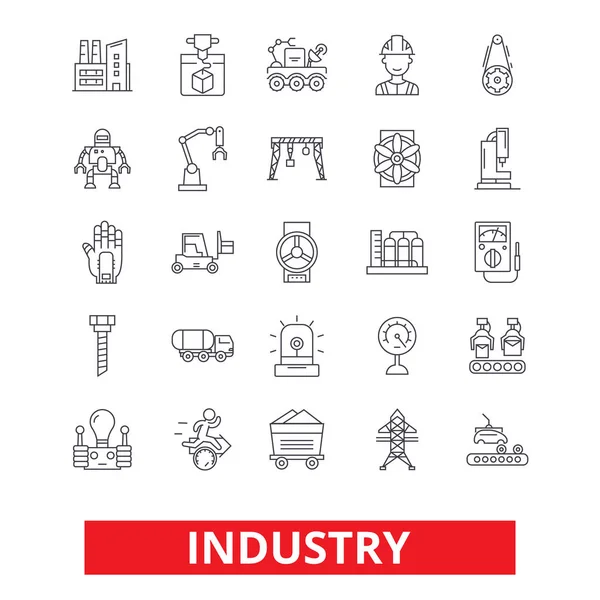 Industria, fábrica, fabricación, ensamblaje, ingeniería, iconos de línea de trabajadores de plantas industriales. Golpes editables. Diseño plano vector ilustración símbolo concepto. Signos lineales aislados sobre fondo blanco — Archivo Imágenes Vectoriales