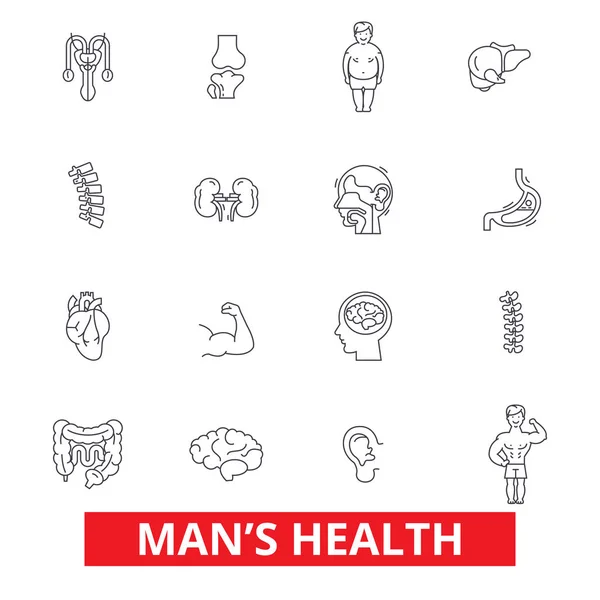 Mens health, healthy fitness lifestyle, active sport man, urology, cardiology line icons. Editable strokes. Flat design vector illustration symbol concept. Linear signs isolated on white background — Stock Vector