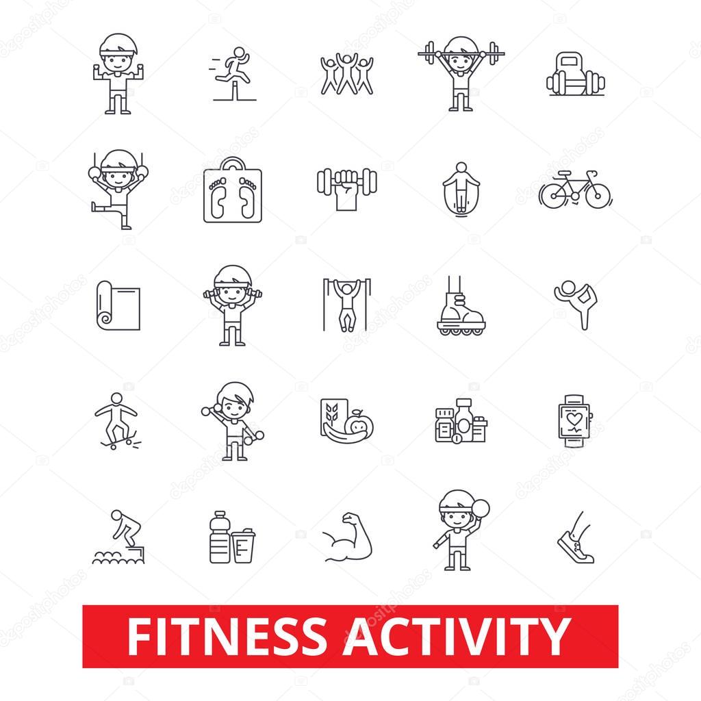Fitness, exercise gym, keep fit, yoga, bodybuilding lifestyle, active sports, line icons. Editable strokes. Flat design vector illustration symbol concept. Linear signs isolated on white background