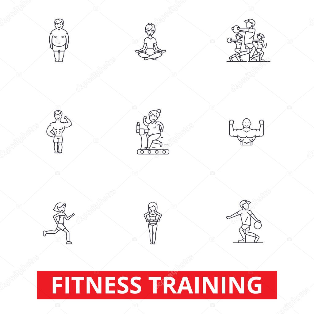 Fitness class gym, workout, running, crossfit, sports, personal trainer,training line icons. Editable strokes. Flat design vector illustration symbol concept. Linear signs isolated on white background