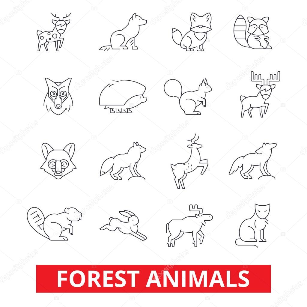 Forest animals, elk, wolf, fox, rabbit, squirrel, hedgehog, hunting deer, bear line icons. Editable strokes. Flat design vector illustration symbol concept. Linear signs isolated on white background