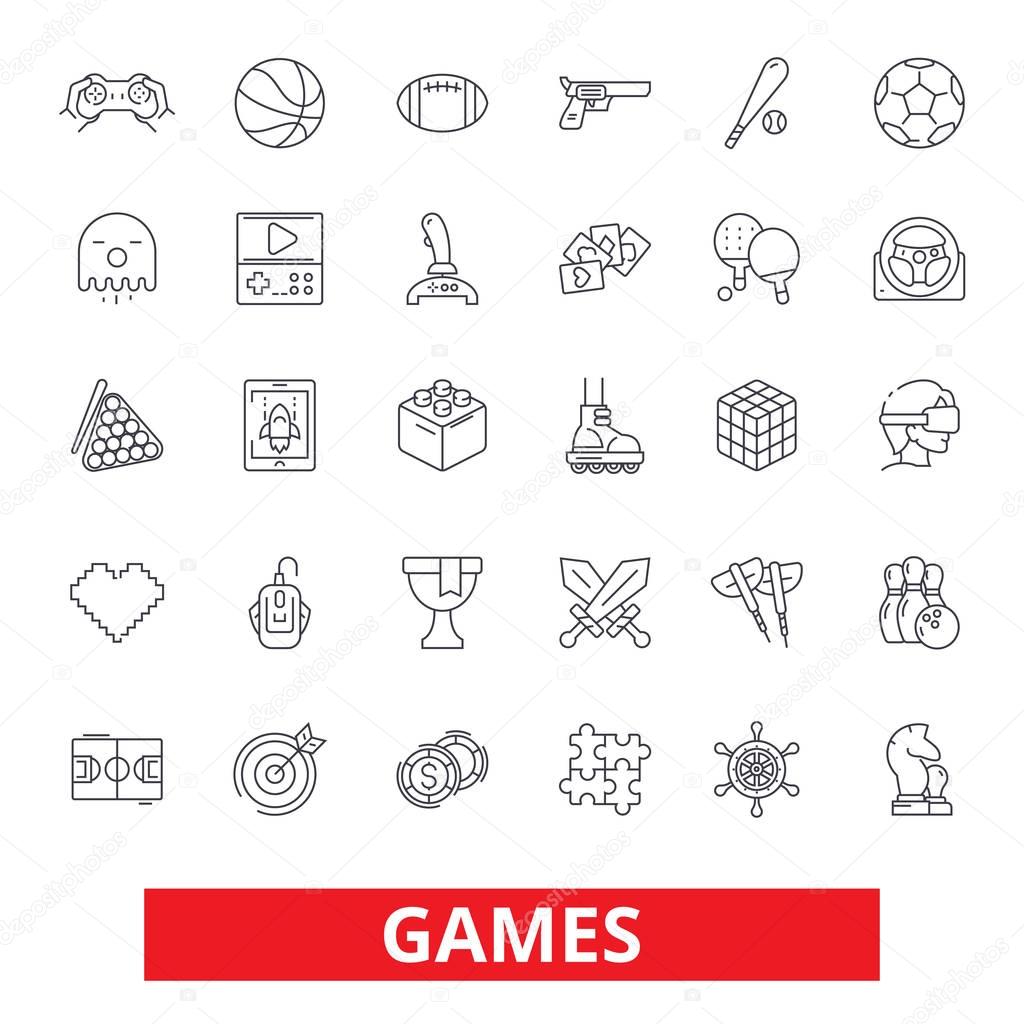Video games, sports, hobby, passion, console play, online gaming, gambling line icons. Editable strokes. Flat design vector illustration symbol concept. Linear signs isolated on white background