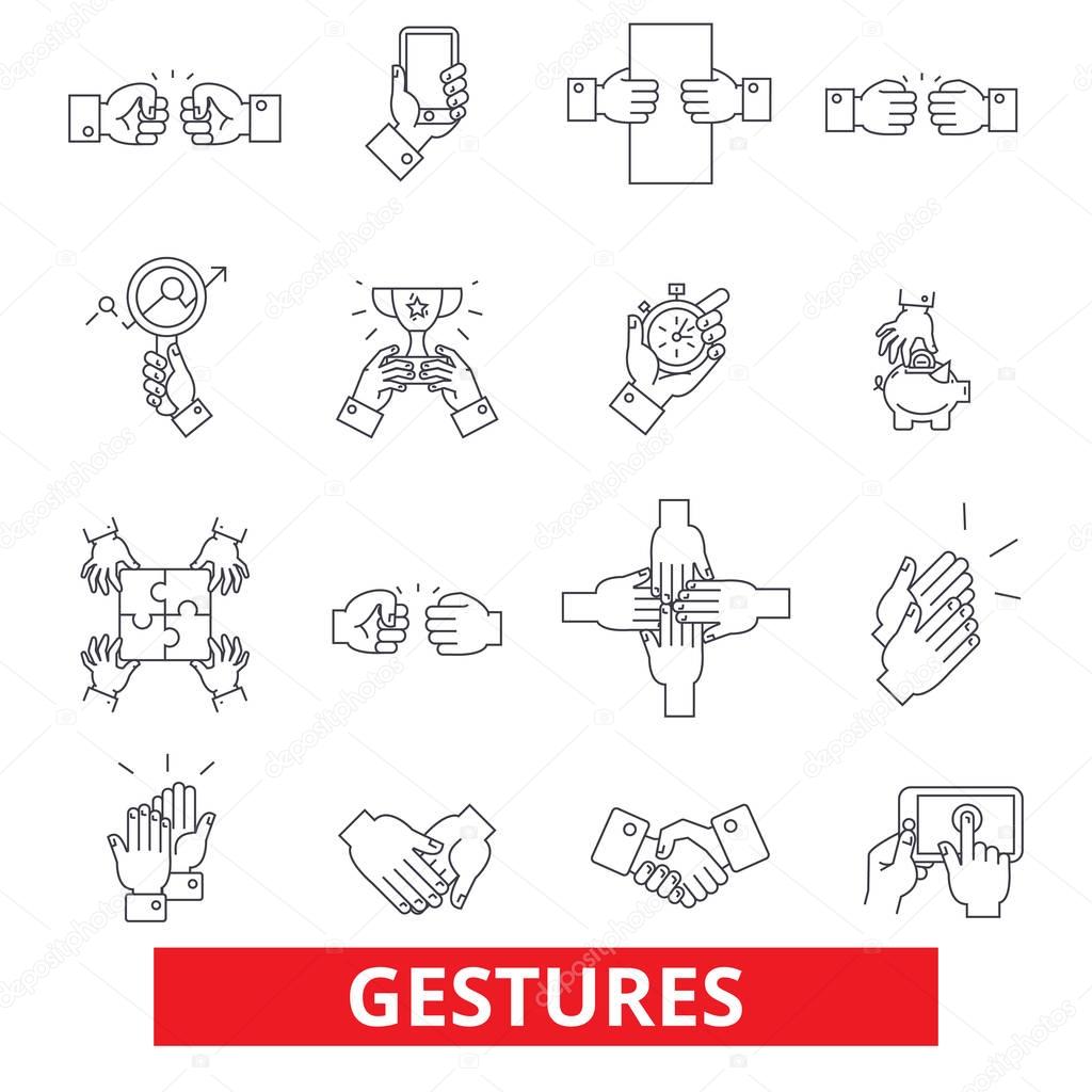 Touch gestures, body language, thumbs up, holding tablet, swipe, mobile hands line icons. Editable strokes. Flat design vector illustration symbol concept. Linear signs isolated on white background