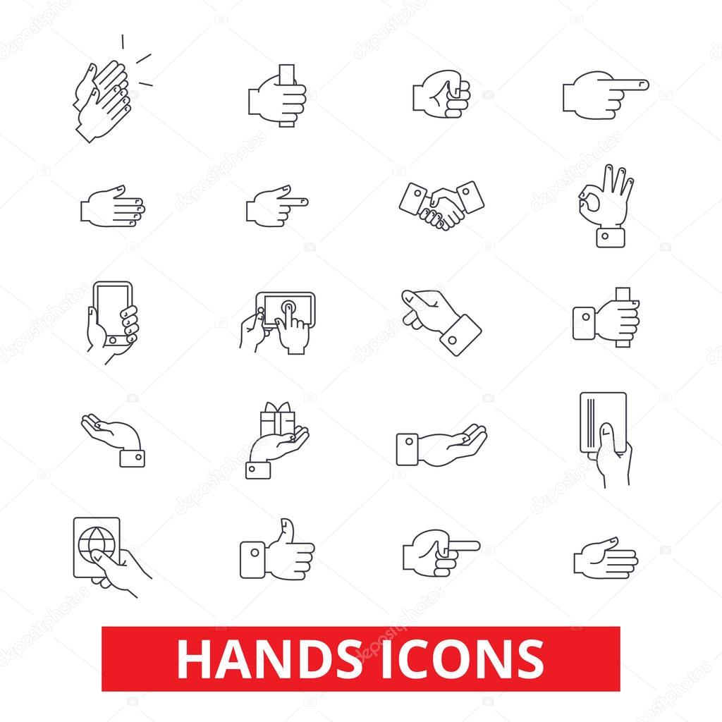 Hands, pointings, tap, rotate, touch, press, swipe, shake, gesture, emotions line icons. Editable strokes. Flat design vector illustration symbol concept. Linear signs isolated on white background
