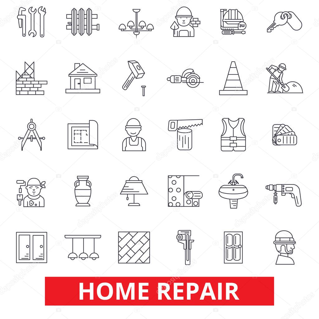 Home repair, house improvement, renovation, handyman, construction, remodeling line icons. Editable strokes. Flat design vector illustration symbol concept. Linear signs isolated on white background