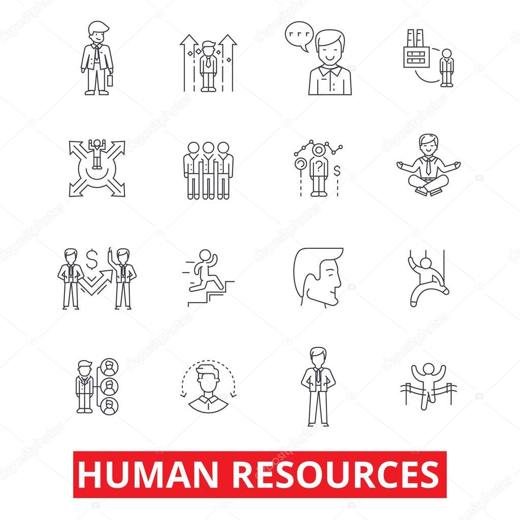 Human resources, people, hiring employee, hr organization, marketing, management line icons. Editable strokes. Flat design vector illustration symbol concept. Linear signs isolated on white background