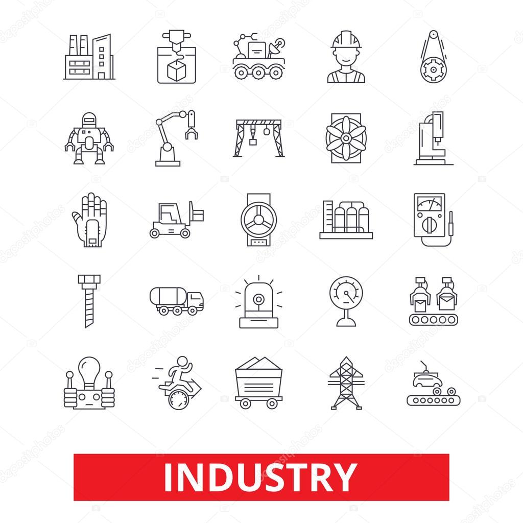 Industry, factory, manufacturing, assembly, engineering, industrial plant worker line icons. Editable strokes. Flat design vector illustration symbol concept. Linear signs isolated on white background