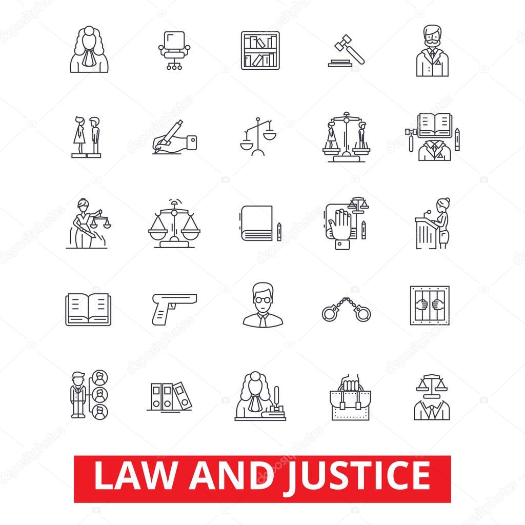 Law firm, lawyer, business attorney, scales of justice, legal court, gavel judge line icons. Editable strokes. Flat design vector illustration symbol concept. Linear signs isolated on white background
