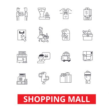 Alışveriş alışveriş merkezi, online ödeme, perakende satış, Aile Salonu, moda mağaza, simgeler alımları. Düzenlenebilir vuruş. Düz tasarım vektör çizim sembolü konsepti. Beyaz arka plan üzerinde izole çizgi işaretleri