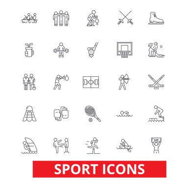 Spor, futbol, futbol, kutusu, hokey, çalıştıran, atlet, eğitim, spor salonu, Tenis satır simgeler. Düzenlenebilir vuruş. Düz tasarım vektör çizim sembolü konsepti. Beyaz arka plan üzerinde izole lineer işaretler