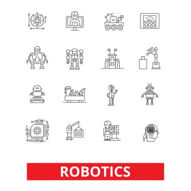Robotik, android, robot, robot, fabrika, endüstriyel tesis, geleceğin teknolojisi satır simgeler. Düzenlenebilir vuruş. Düz tasarım vektör çizim sembolü konsepti. Beyaz arka plan üzerinde izole lineer işaretler