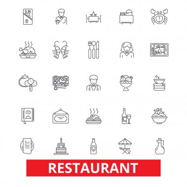 Restoran, lokanta, menü, pub, mutfak, bar, yemek, kafe, gıda, yemek, çizgi simgeler yemek. Düzenlenebilir vuruş. Düz tasarım vektör çizim sembolü konsepti. Beyaz arka plan üzerinde izole lineer işaretler