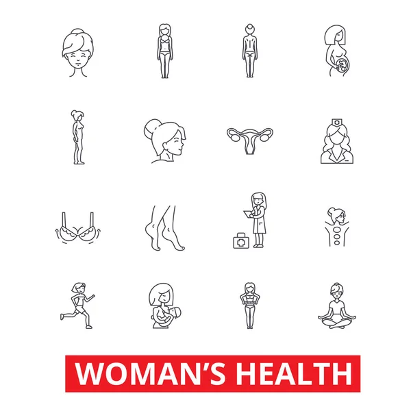Γυναικεία υγεία, υγιής γυναίκα καταλληλότητας, μαστού, Μαιευτικής, πόδια, γυναικολογία, διατροφή γραμμή εικονιδίων. Επεξεργάσιμη εγκεφαλικά επεισόδια. Επίπεδη σχεδίαση διανυσματικά εικονογράφηση σύμβολο έννοια. Γραμμική σημάδια που απομονώνονται σε λευκό φόντο — Διανυσματικό Αρχείο