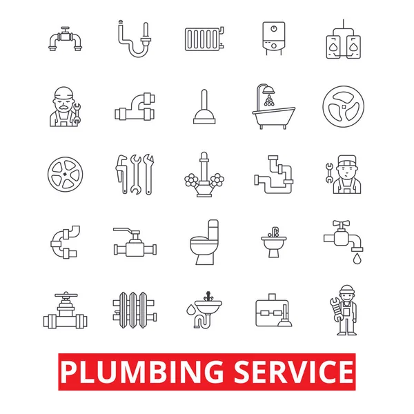 Plumbing service, pipes, heating, tools, plumber, water, plum, bathroom, hvac line icons. Editable strokes. Flat design vector illustration symbol concept. Linear signs isolated on white background — Stock Vector