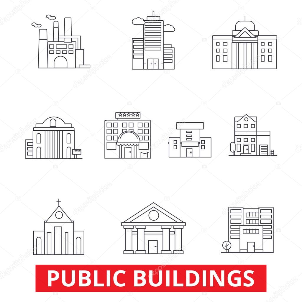 Public institutional buildings, commercial houses, government city estate, town line icons. Editable strokes. Flat design vector illustration symbol concept. Linear signs isolated on white background