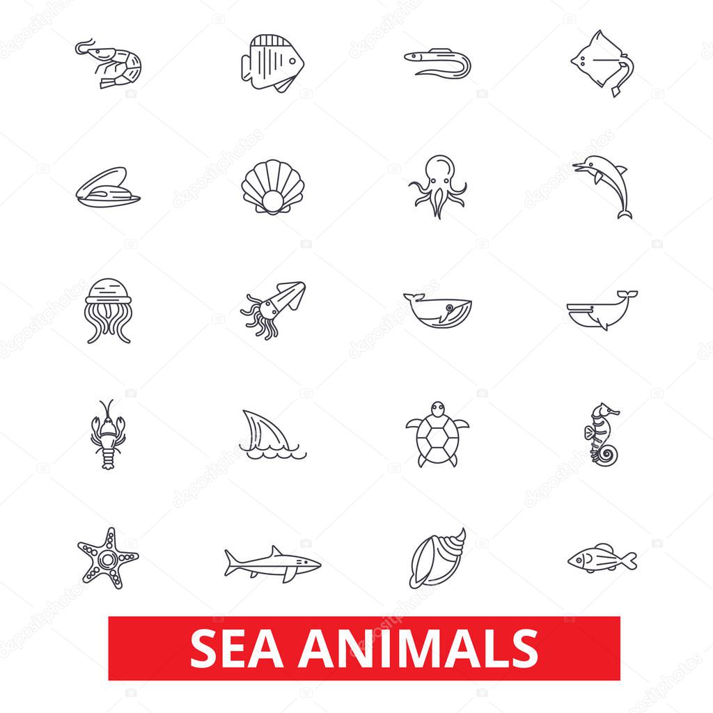 Sea animals, ocean creatures, dolphin, octopus, wild life, shark, whale, fish line icons. Editable strokes. Flat design vector illustration symbol concept. Linear signs isolated on white background