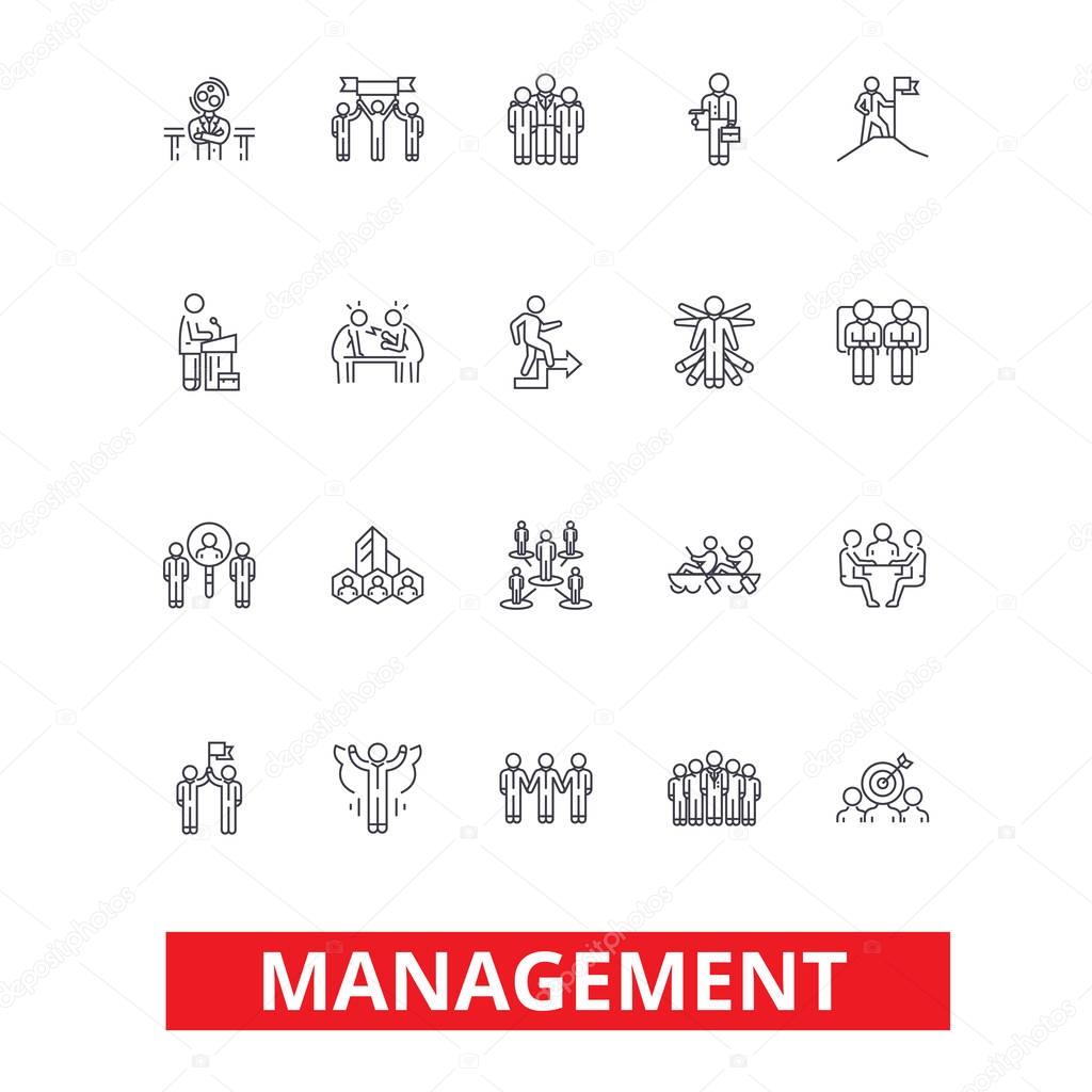 Management, teamwork, marketing, strategy, human resources, organization line icons. Editable strokes. Flat design vector illustration symbol concept. Linear signs isolated on white background