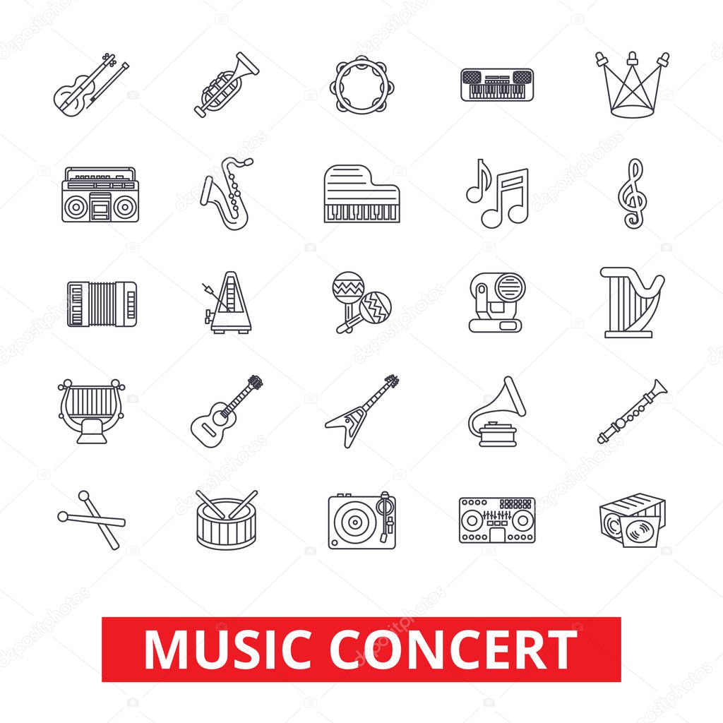 Music concerts, guitar, piano, dj party, drums, instruments, notes, band show line icons. Editable strokes. Flat design vector illustration symbol concept. Linear signs isolated on white background