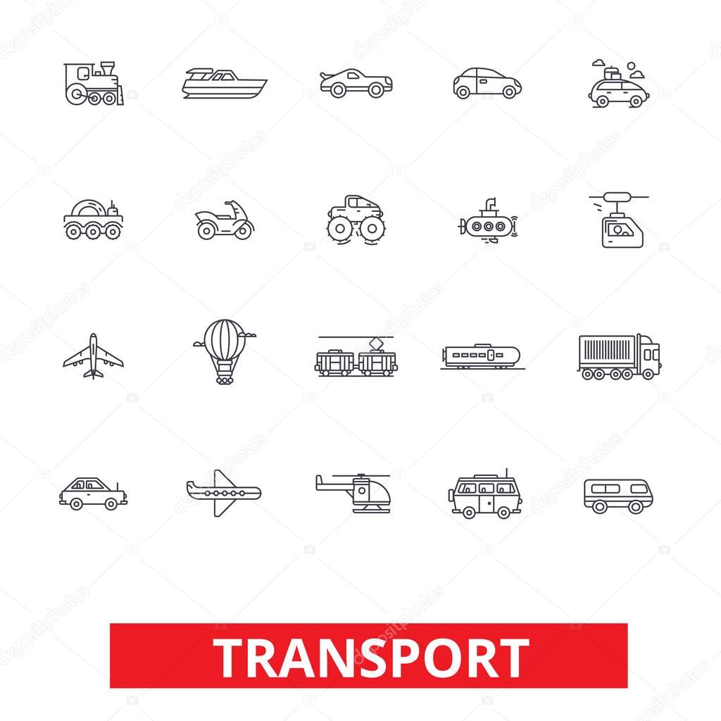 Transport car, truck, ship, tram, bus, delivery, vehicle, logistics, motorcycle line icons. Editable strokes. Flat design vector illustration symbol concept. Linear signs isolated on white background