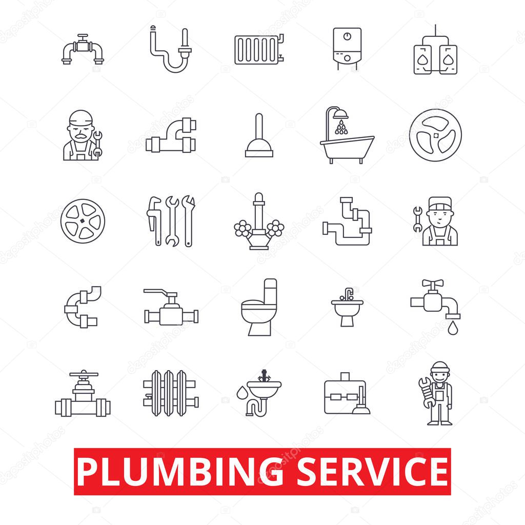 Plumbing service, pipes, heating, tools, plumber, water, plum, bathroom, hvac line icons. Editable strokes. Flat design vector illustration symbol concept. Linear signs isolated on white background