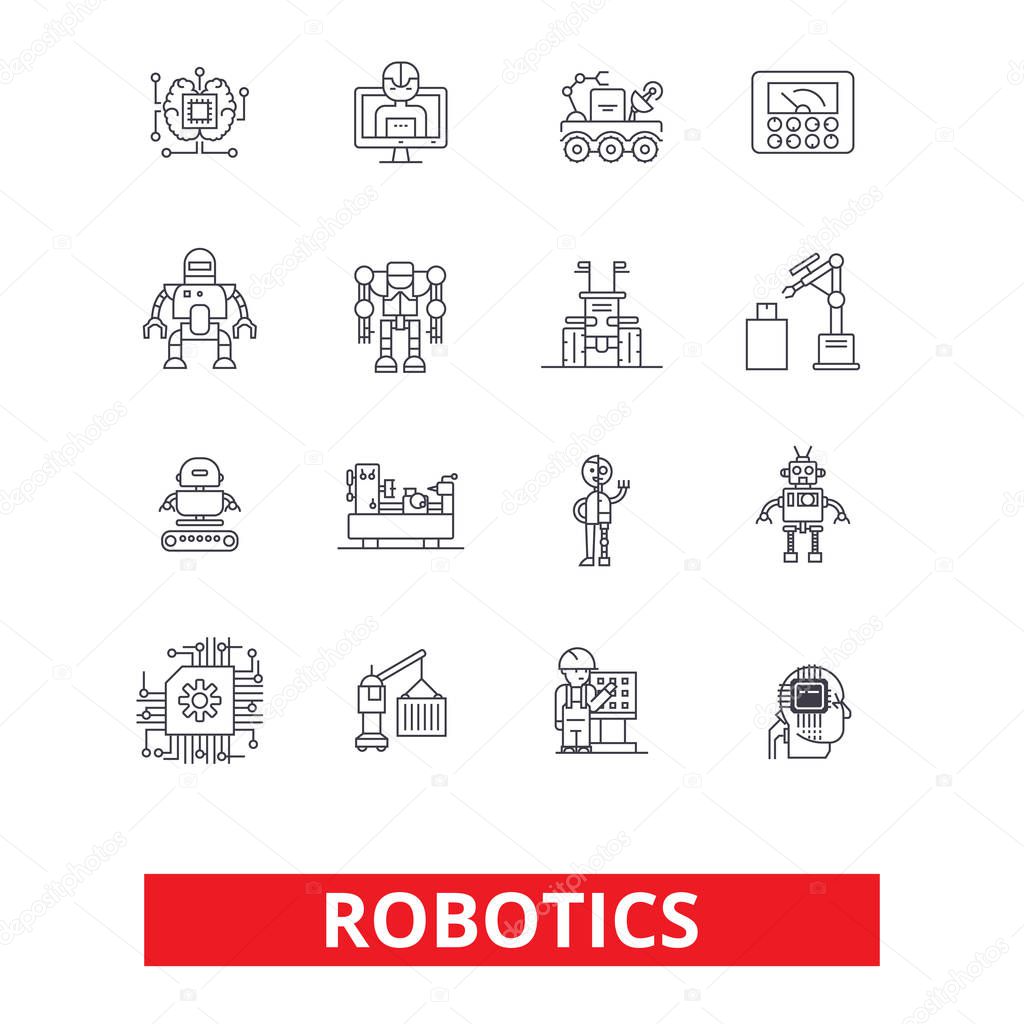 Robotics, android, cyborg, robot, factory, industrial plant, future technology line icons. Editable strokes. Flat design vector illustration symbol concept. Linear signs isolated on white background