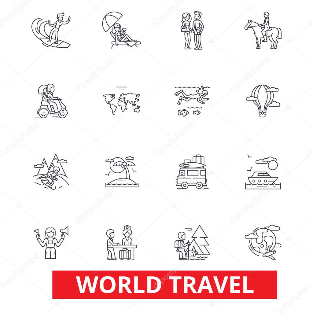 World travel, winter tourism, skiing, diving, flight, summer beach vacation line icons. Editable strokes. Flat design vector ill