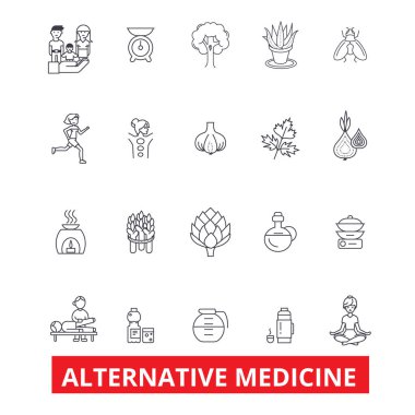 Alternatif Tıp, şifa, terapi, akupunktur, enerji, Homeopati, yoga satır simgeler. Düzenlenebilir vuruş. Düz tasarım vektör çizim sembolü konsepti. Beyaz arka plan üzerinde izole lineer işaretler