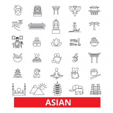 Asya, Çin halkı, Hint, Japon Kültür, Asya çift hat simgeler. Düzenlenebilir vuruş. Düz tasarım vektör çizim sembolü konsepti. Beyaz arka plan üzerinde izole lineer işaretler