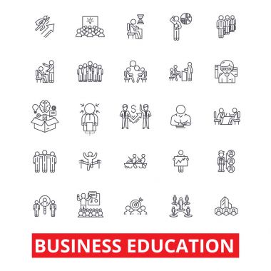 İş eğitim, Mba, eğitim, Koçluk, danışmanlık, staj, öğrenmek, satır simgeleri çalışma. Düzenlenebilir vuruş. Düz tasarım vektör çizim sembolü konsepti. Lineer işaretler üzerinde arka izole