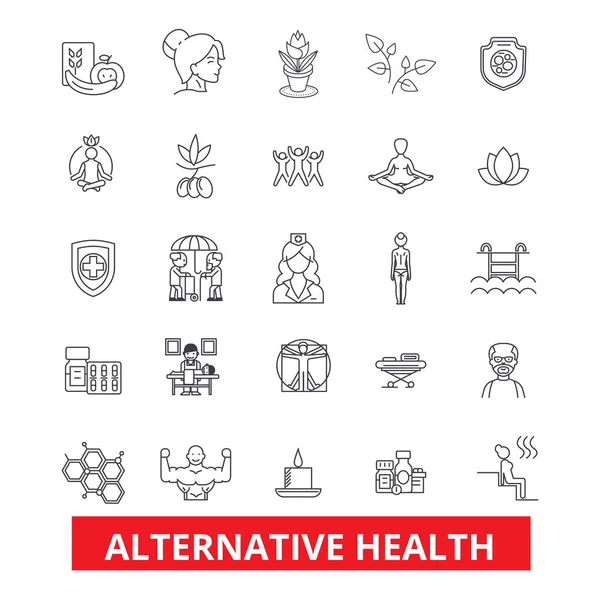 Alternative health, healing, medicine, acupuncture, therapy, herbal homeopathy line icons. Editable strokes. Flat design vector illustration symbol concept. Linear signs isolated on white background
